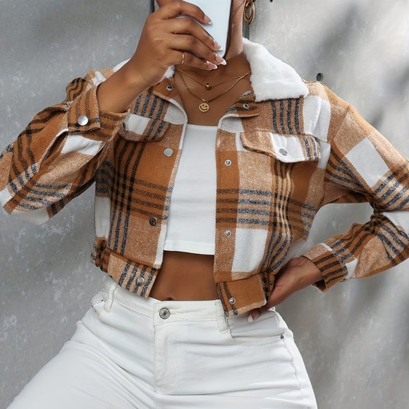 Boho Button Plaid Faux Fur Collar Jacket, Casual Long Sleeve Crop Jacket - Picture 10 of 10